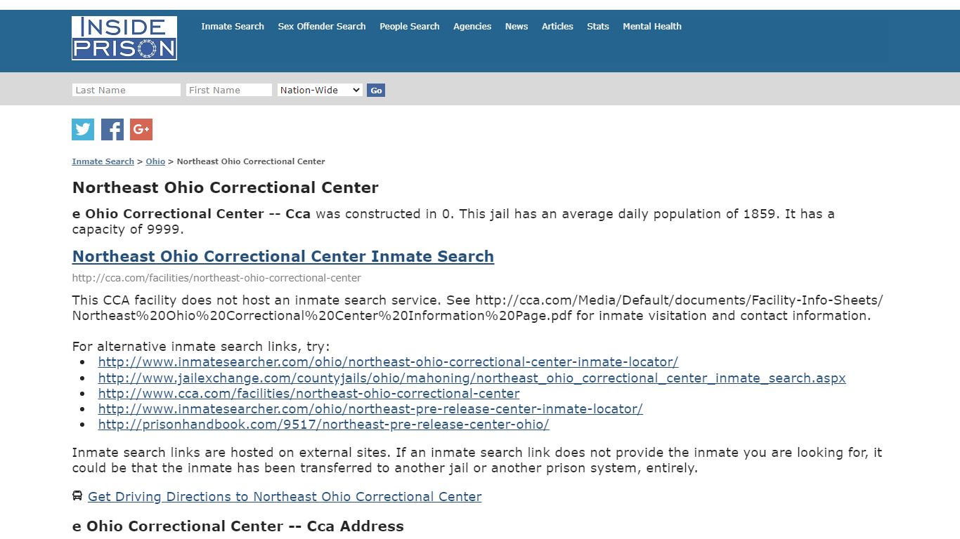Northeast Ohio Correctional Center - Ohio - Inmate Search